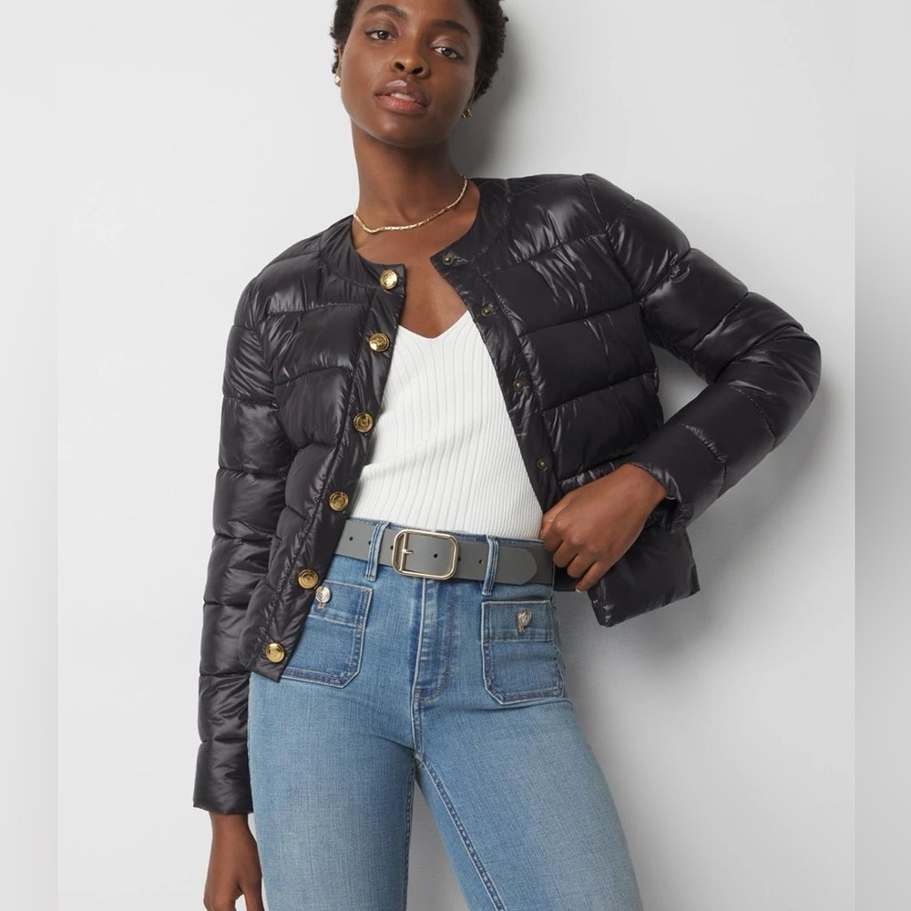 White House Black Market Black Puffer Jacket with Gold Accents